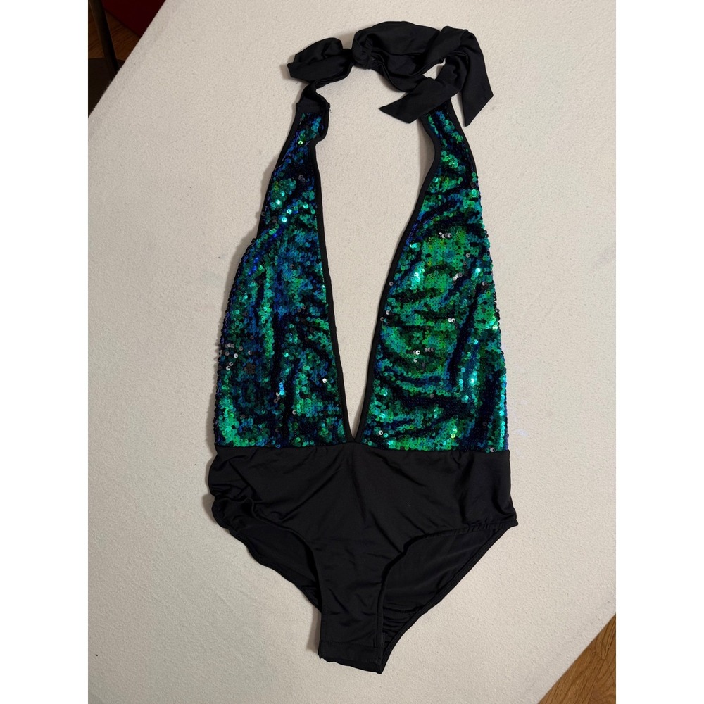 iHeartRaves Sequin Halter Bodysuit Teal Green Blue Mermaid Festival DSJ1185 NEW - Picture 5 of 5